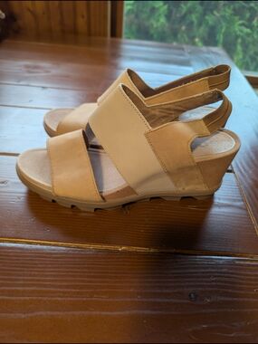 Sorel Joanie Beige and Tan Wedge Slingback Sandals